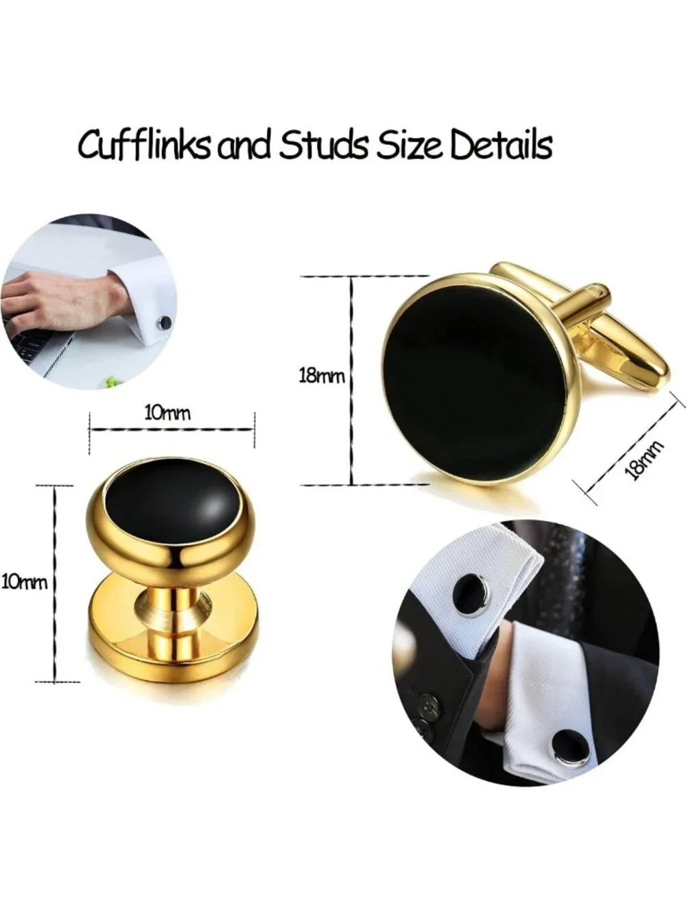 Stylish Stainless Steel Cuff Links & Studs Set - Gold & Black Tuxedo Accessories